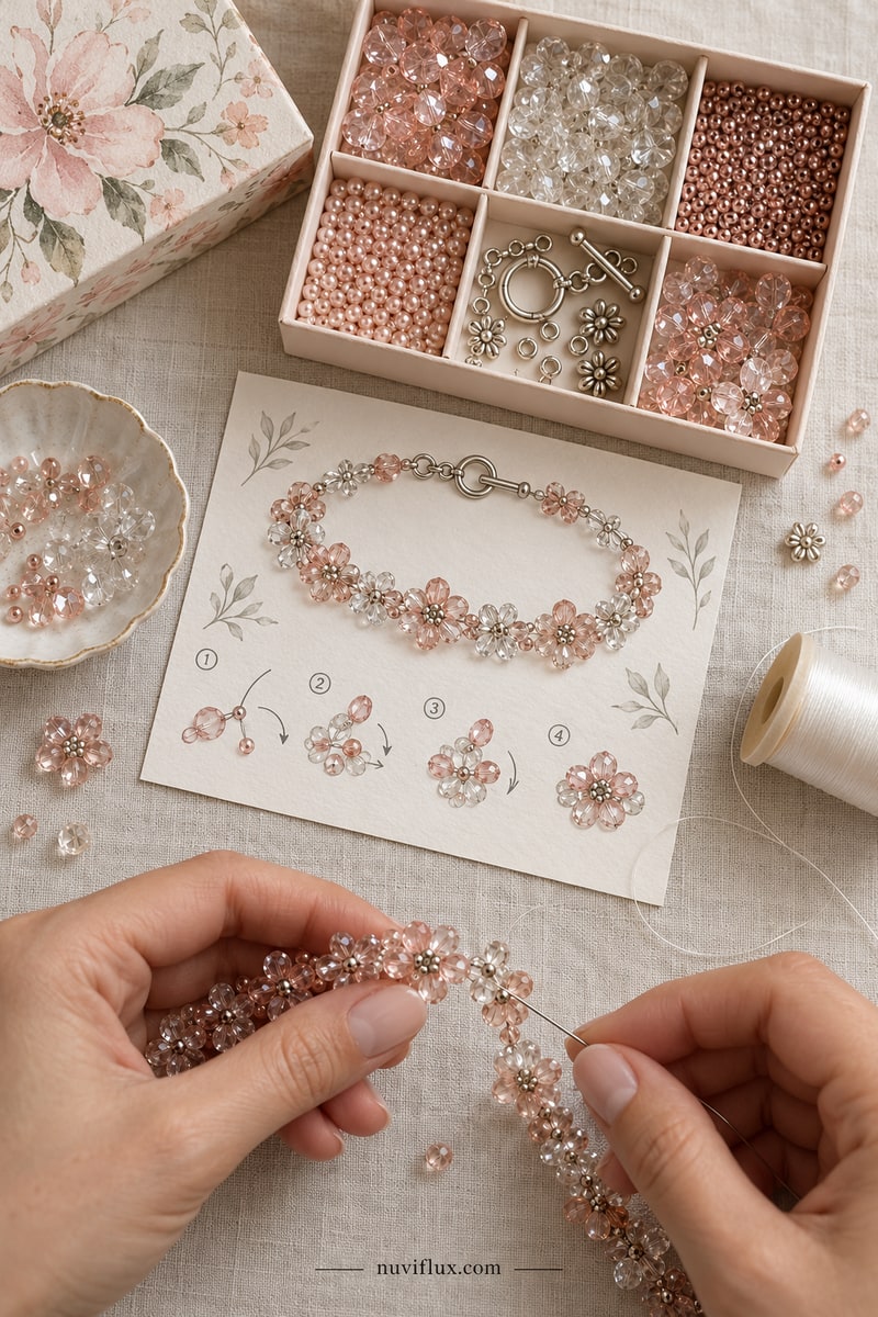 Original vertical concept scene for create beaded jewelry tutorial kits.