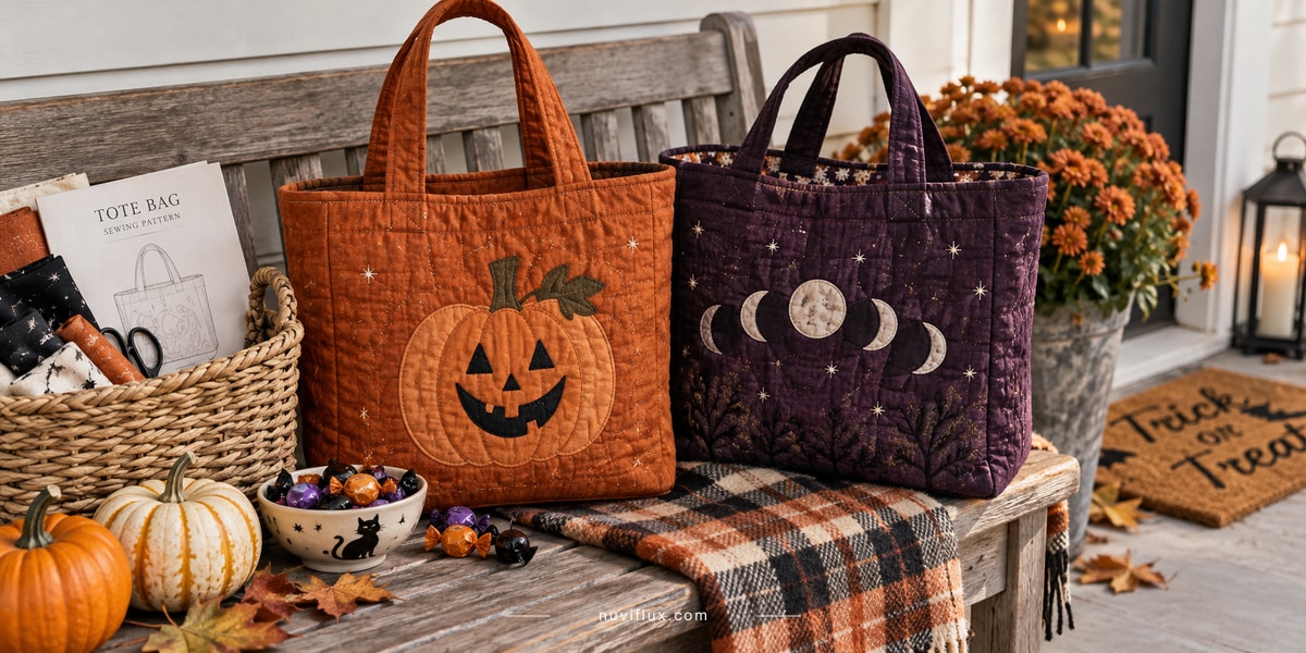 Original wide concept scene for sell halloween sewing patterns for tote bags.