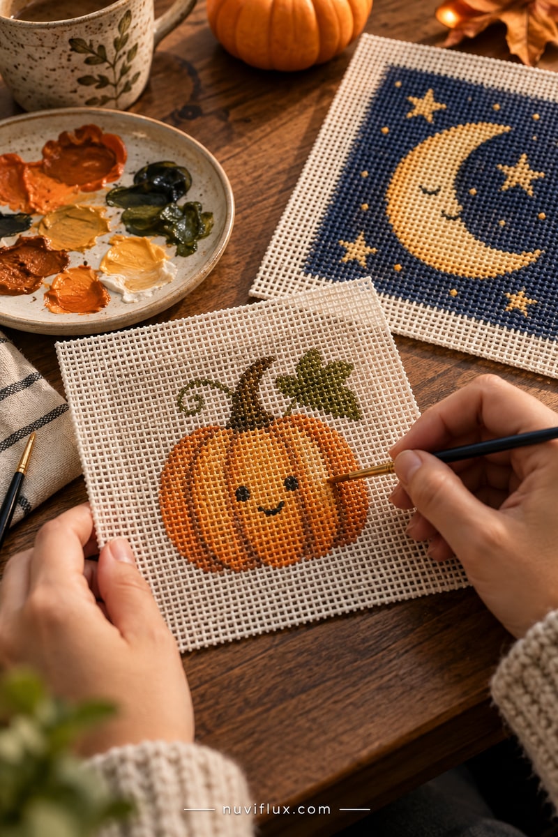 Original portrait concept scene for sell hand-painted halloween needlepoint canvases.