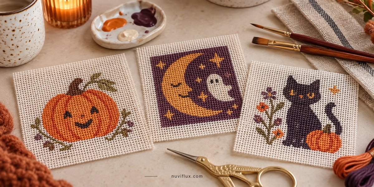 Original wide concept scene for sell hand-painted halloween needlepoint canvases.