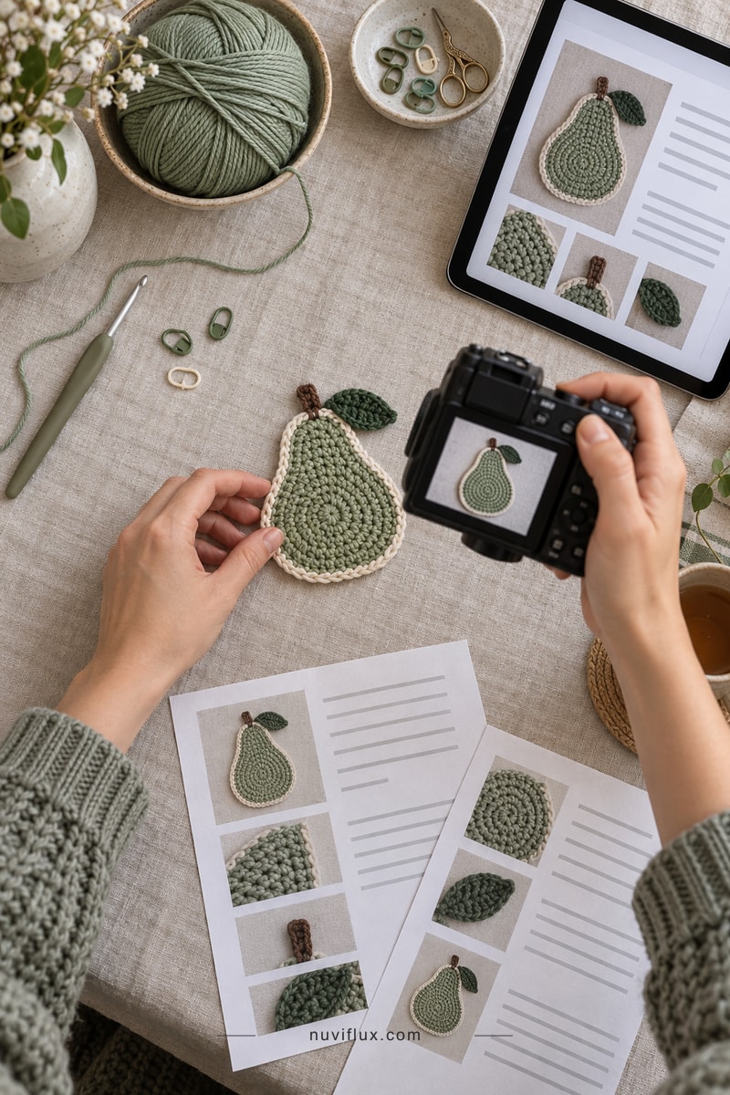A crochet designer photographs a pear-shaped example beside draft document layouts and yarn.