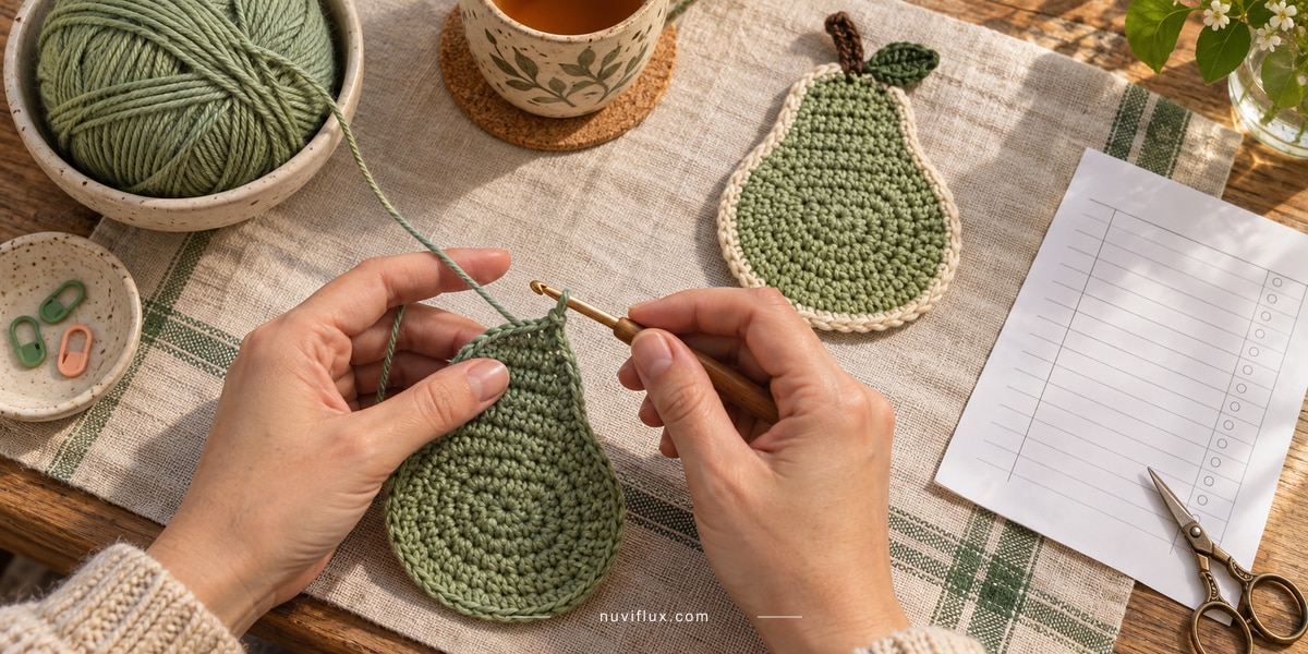 Hands crochet an original pear-shaped coaster beside a finished example and a draft instruction sheet.