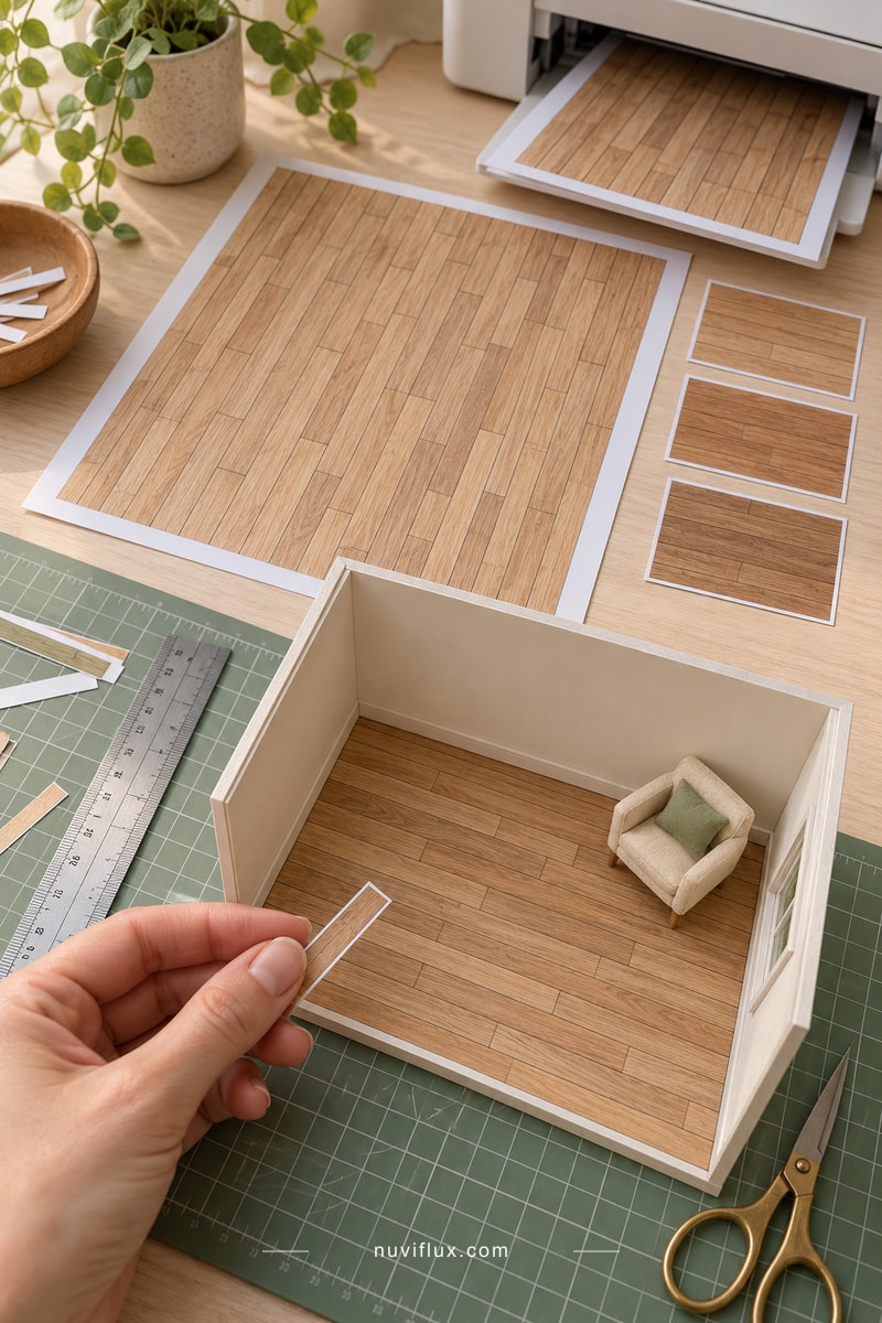 A miniature-making table with printed wood flooring, a room box, paper offcuts and craft tools.