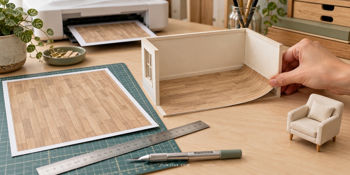 A maker fits a thin printed wood-grain paper floor into a miniature room box beside a matching printable sheet.