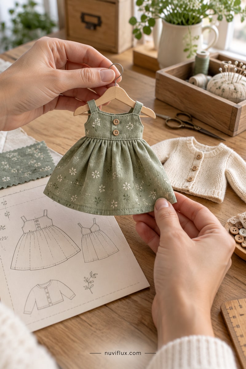 Original portrait concept scene for sell sewing patterns for collectible doll clothes.