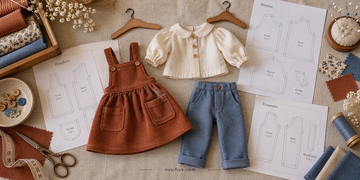 Original wide concept scene for sell sewing patterns for collectible doll clothes.