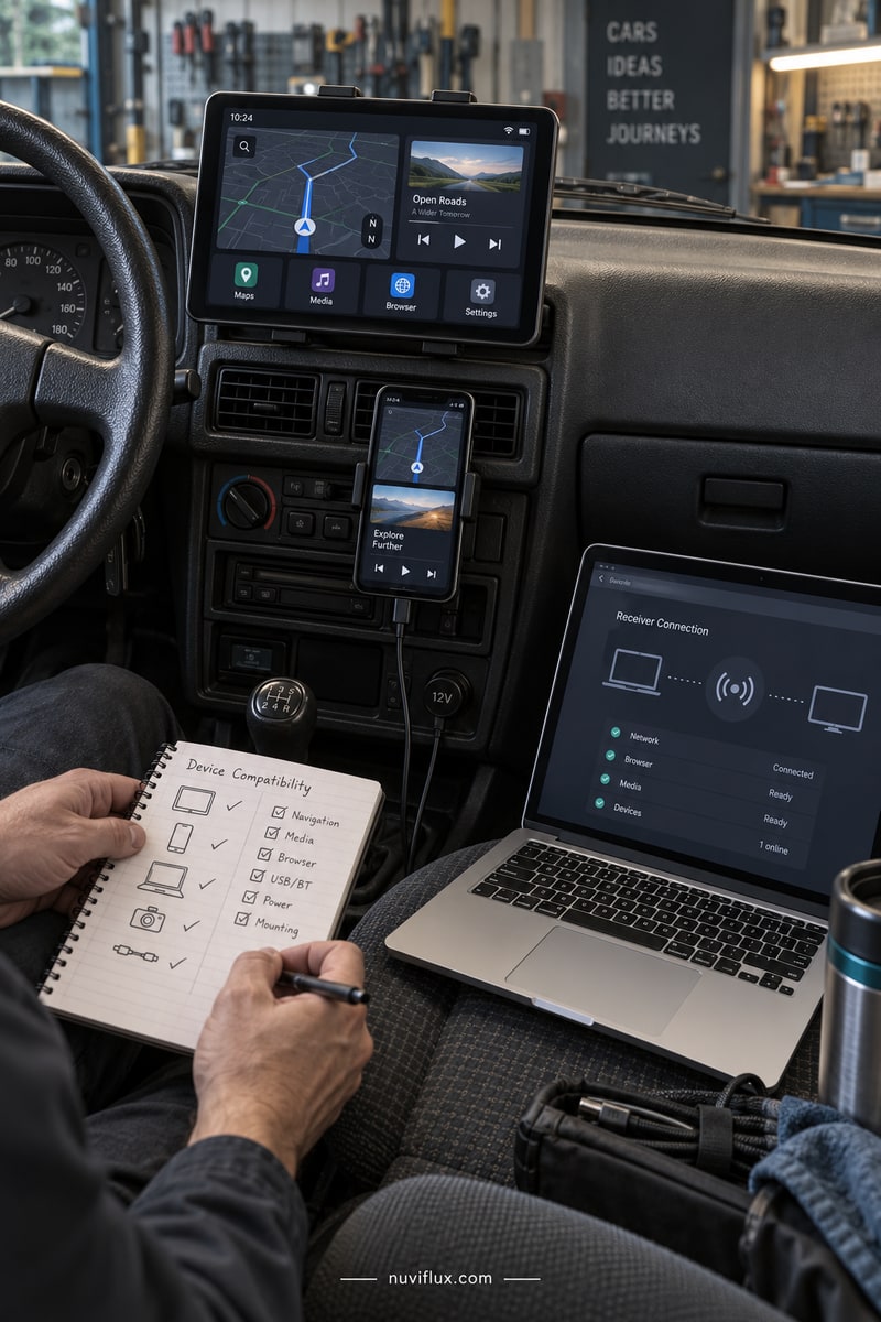 Vertical concept view of a parked-car browser-display evaluation with compatibility notes.