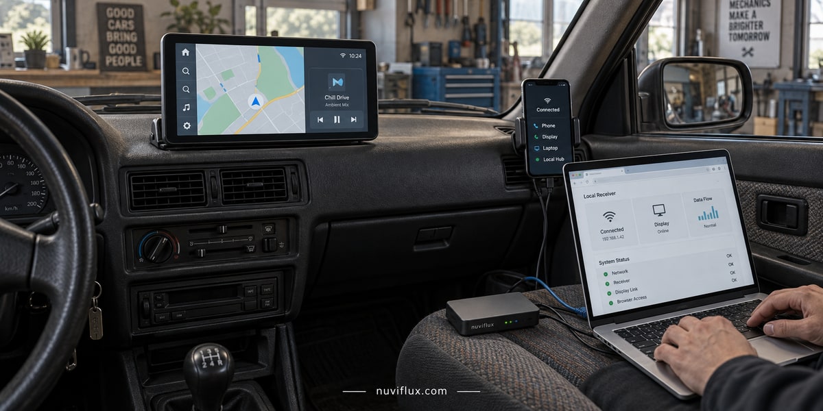 Concept evaluation setup inside a parked older car with a secondary display, phone and laptop.