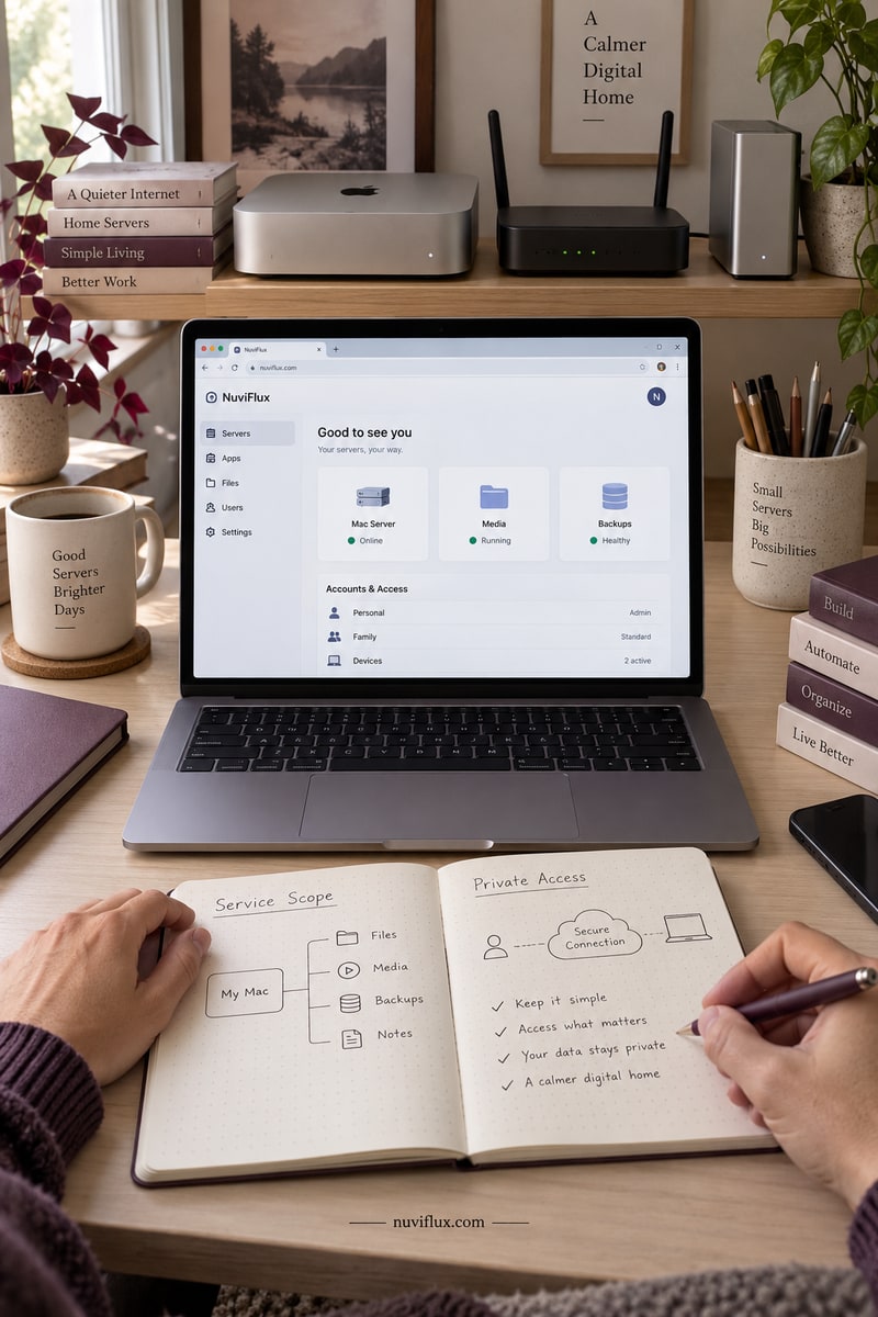 Vertical concept scene of hands documenting home-server scope and private-access arrangements.