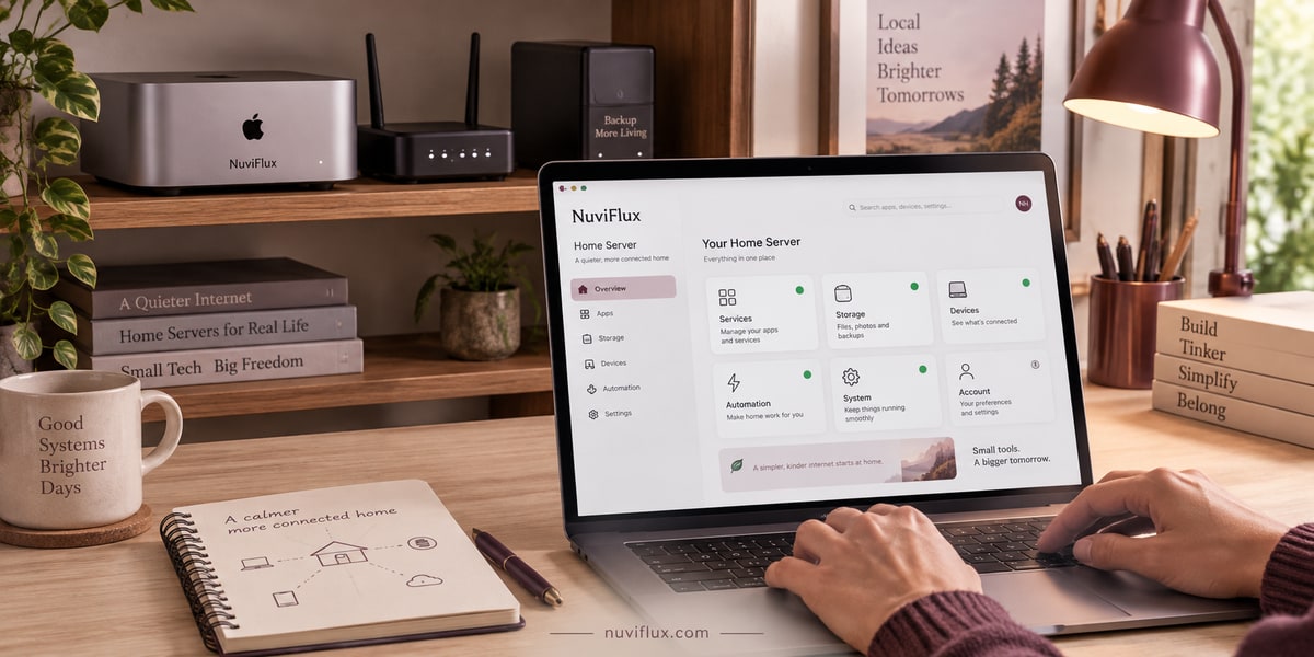 Concept home Mac server shelf and laptop with a fictional browser management dashboard.