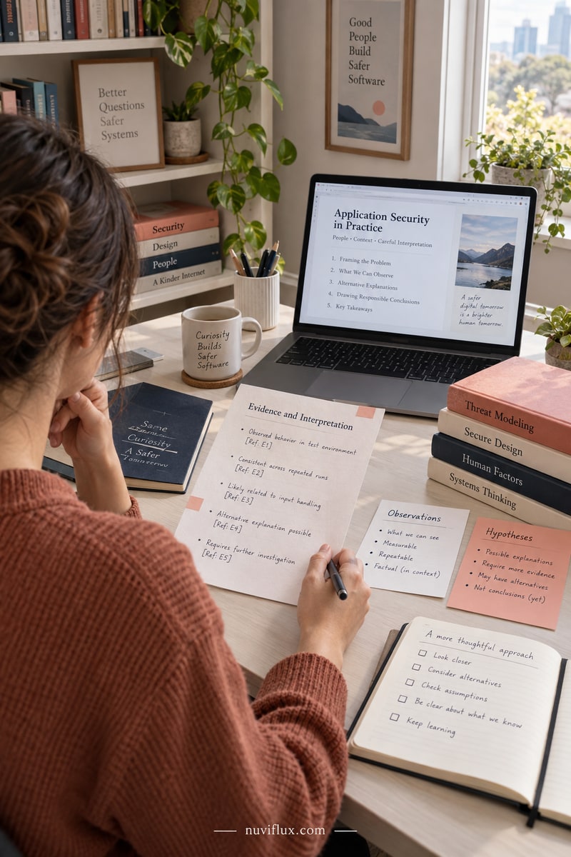 Portrait concept scene of an educator arranging evidence and hypothesis worksheets beside a laptop.