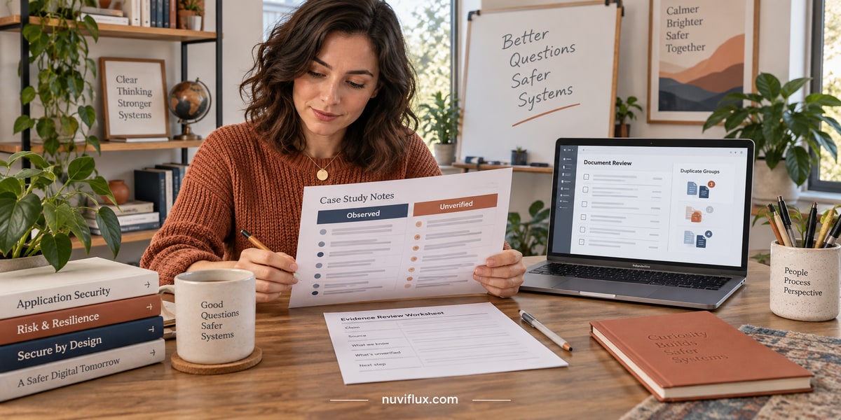 Concept scene of a security educator reviewing fictional case notes at a bright studio desk.