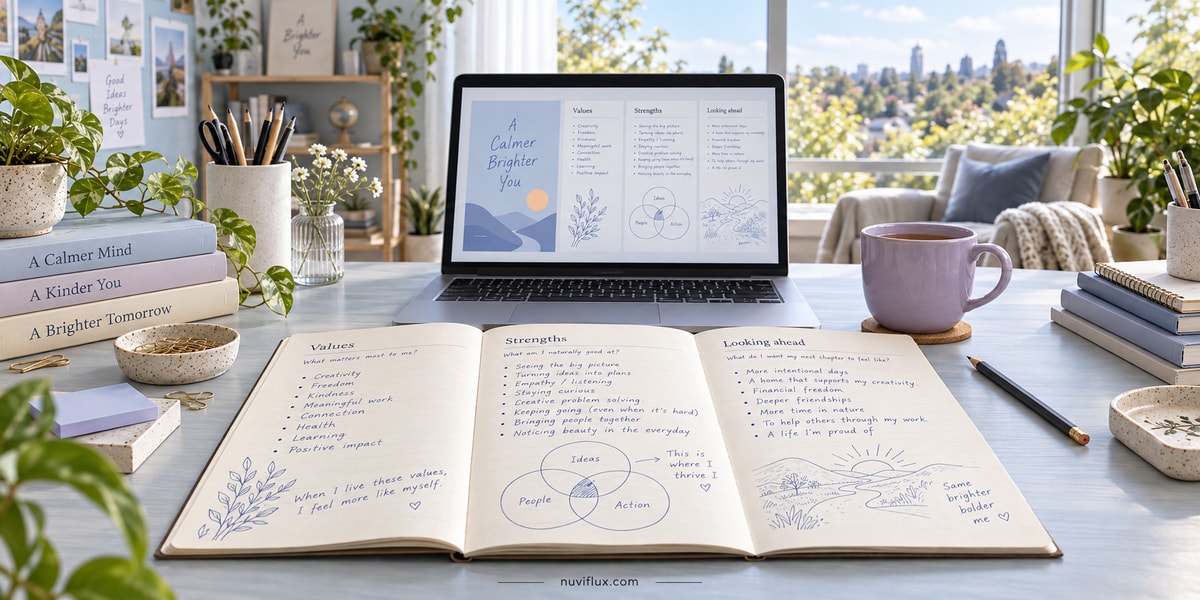 Concept scene: a laptop displaying PDF layouts and an open reflection workbook with handwritten example notes on a sunlit desk.