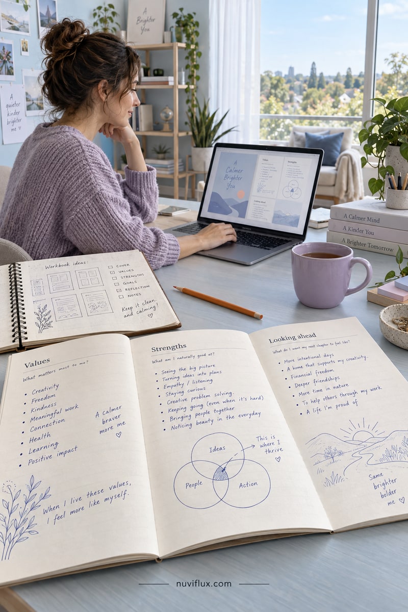 Concept scene of a creator designing PDF workbook pages, with handwritten example responses on a sunlit desk.