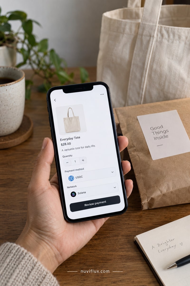 Original portrait concept scene for wrap stablecoin payments for e-commerce stores.