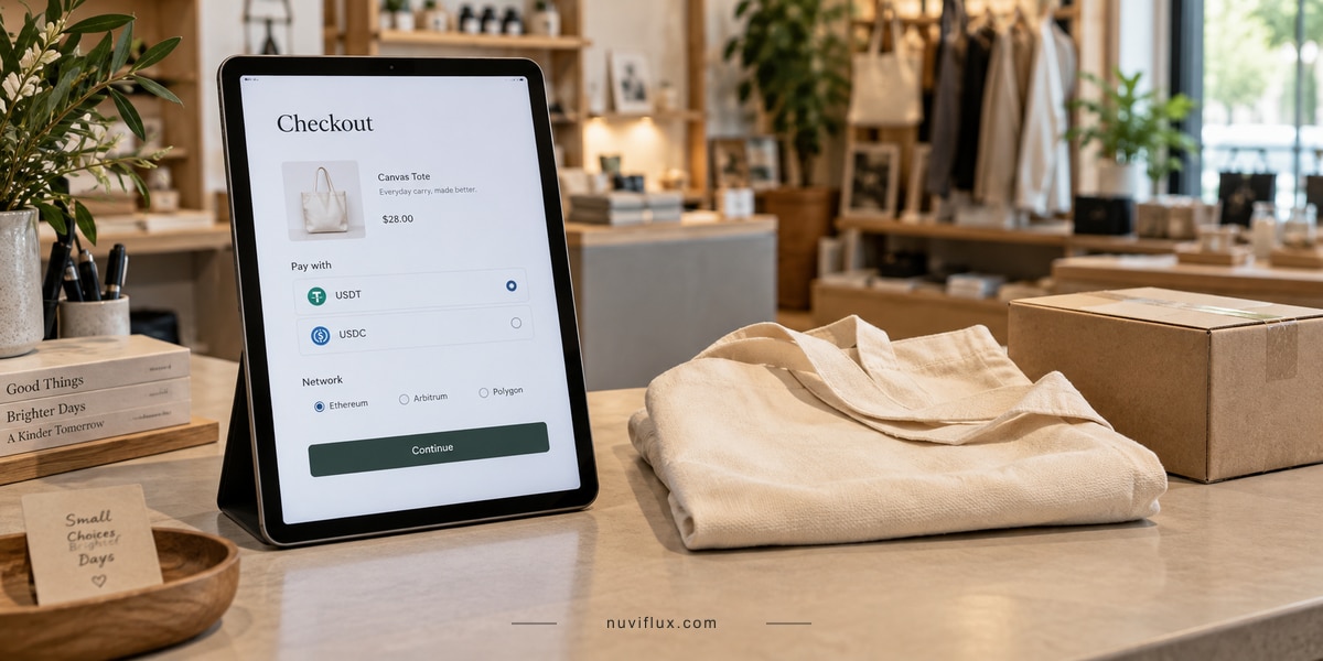 Original wide concept scene for wrap stablecoin payments for e-commerce stores.