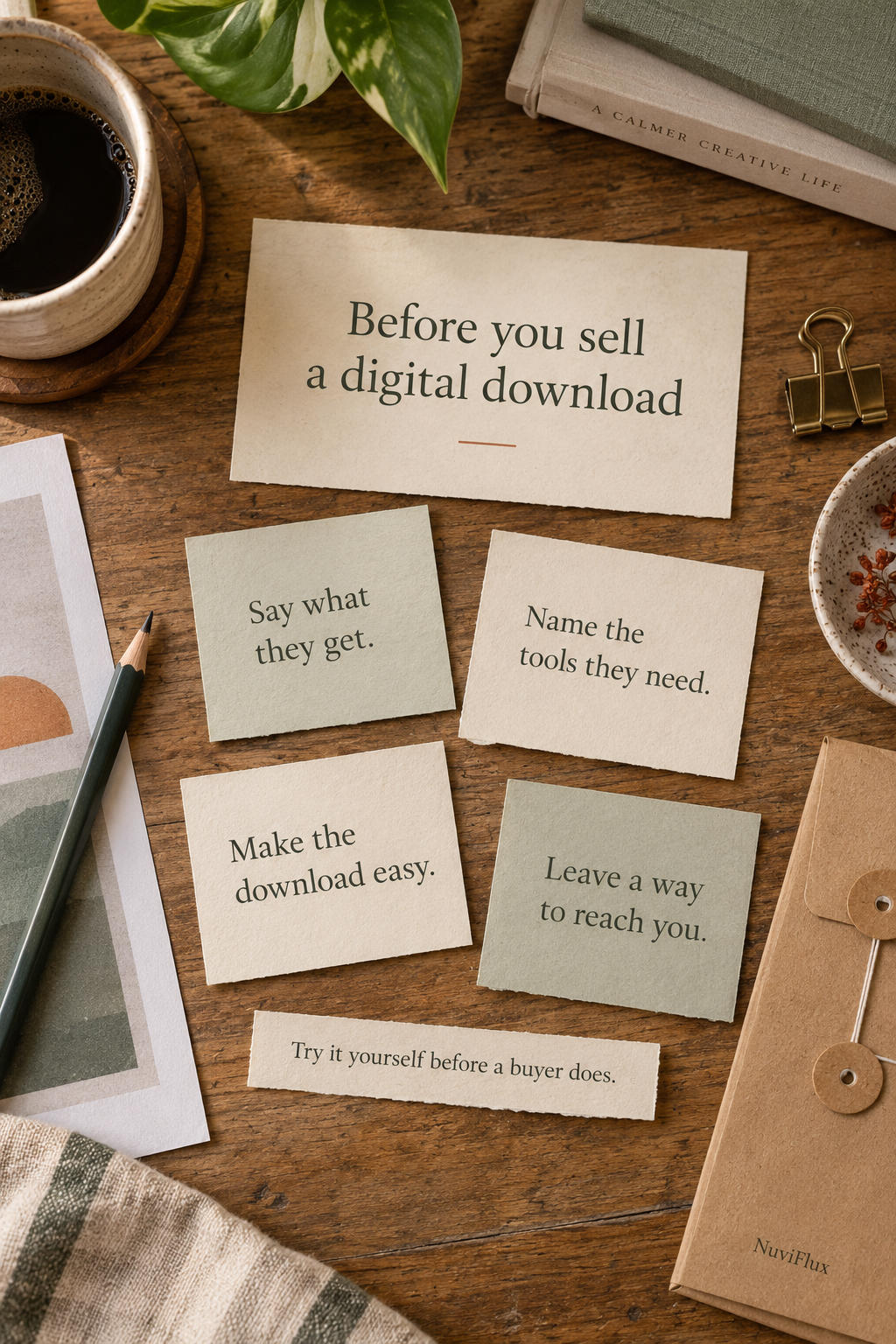 Four reminders on a wooden desk: say what buyers get, name the tools they need, make the download easy and leave a way to reach you.